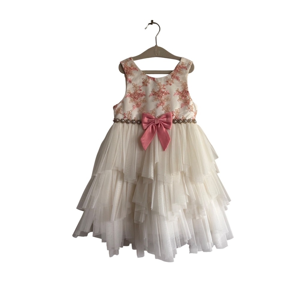 American Princess Girls Ivory Pink Floral Embroidered Tiered Tulle Dress Size 4